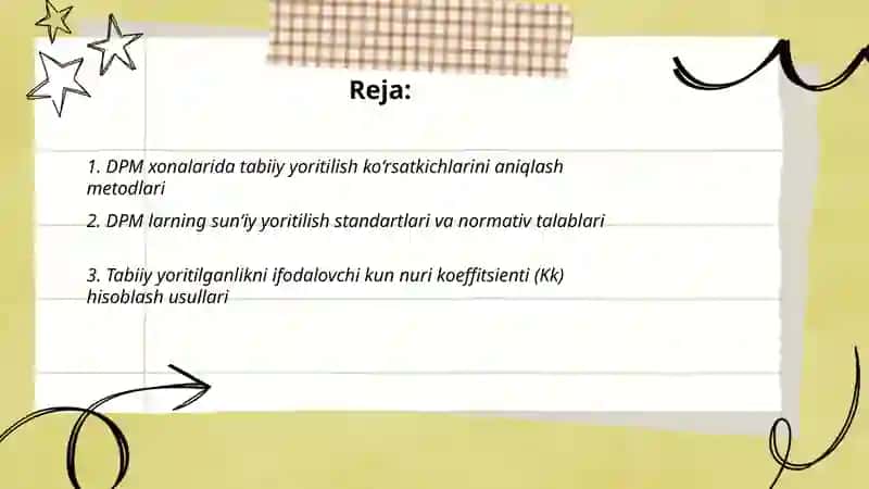 DPM larning tabiiy va suniy yoritilganlik koʻrsatkichlari 2
