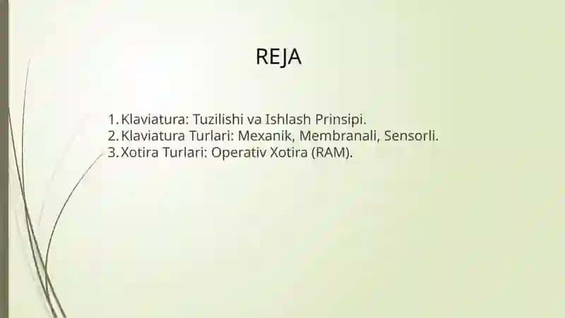 Klaviatura qurilmasi. Tugmachalar guruhlari va vazifalari. Xotira qurilmalari. Ularning turlari va vazifalari 2
