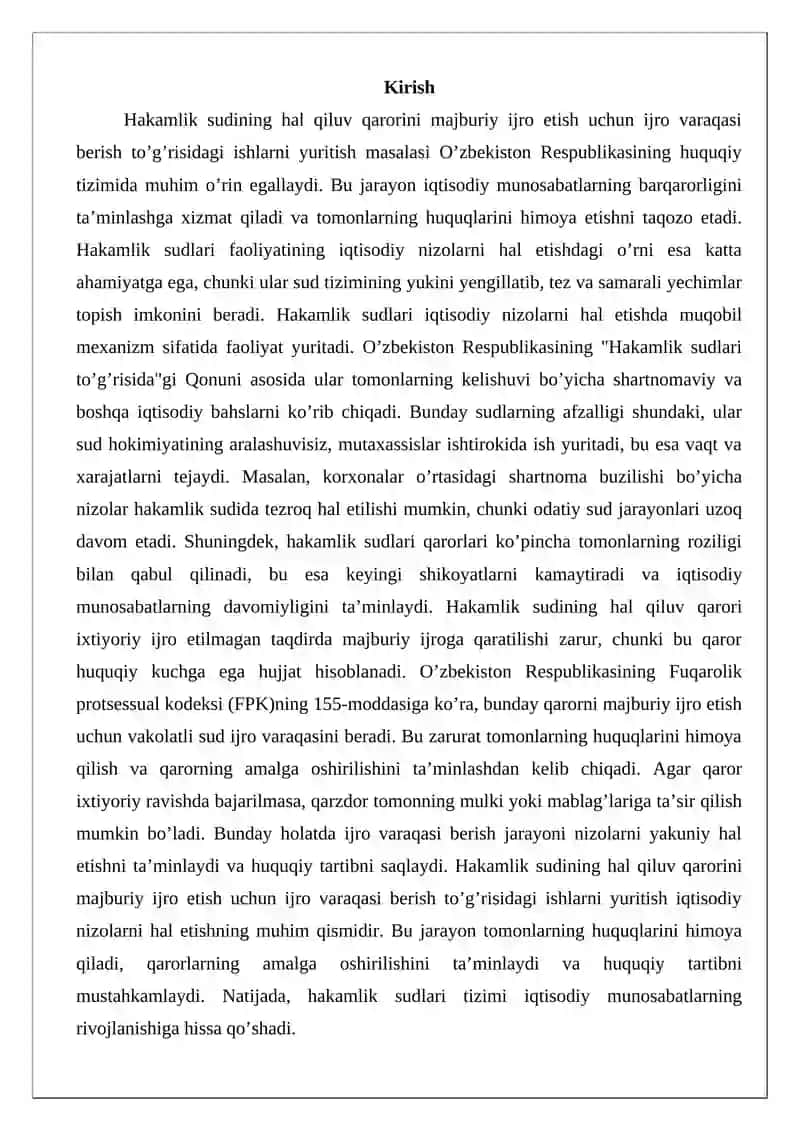 Hakamlik sudining hal qiluv qarorini majburiy ijro etish uchun ijro varaqasi berish to’g’risidagi ishlarni yuritish 2
