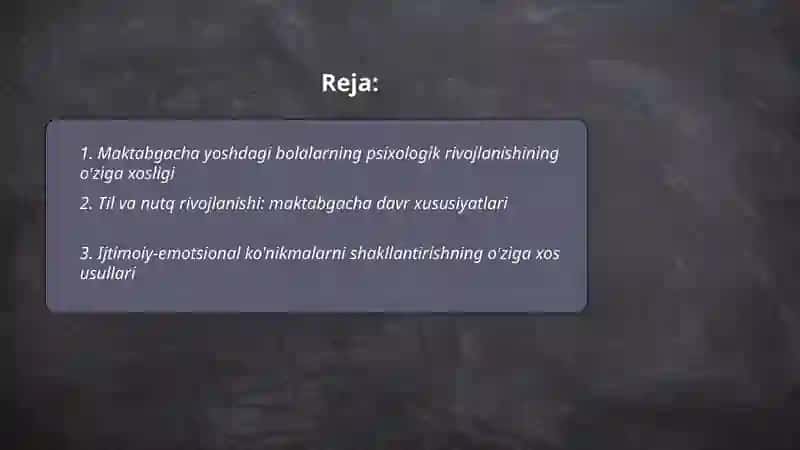 Ilk maktabgacha ta'lim fanidan tayyorlagan taqdimoti 2