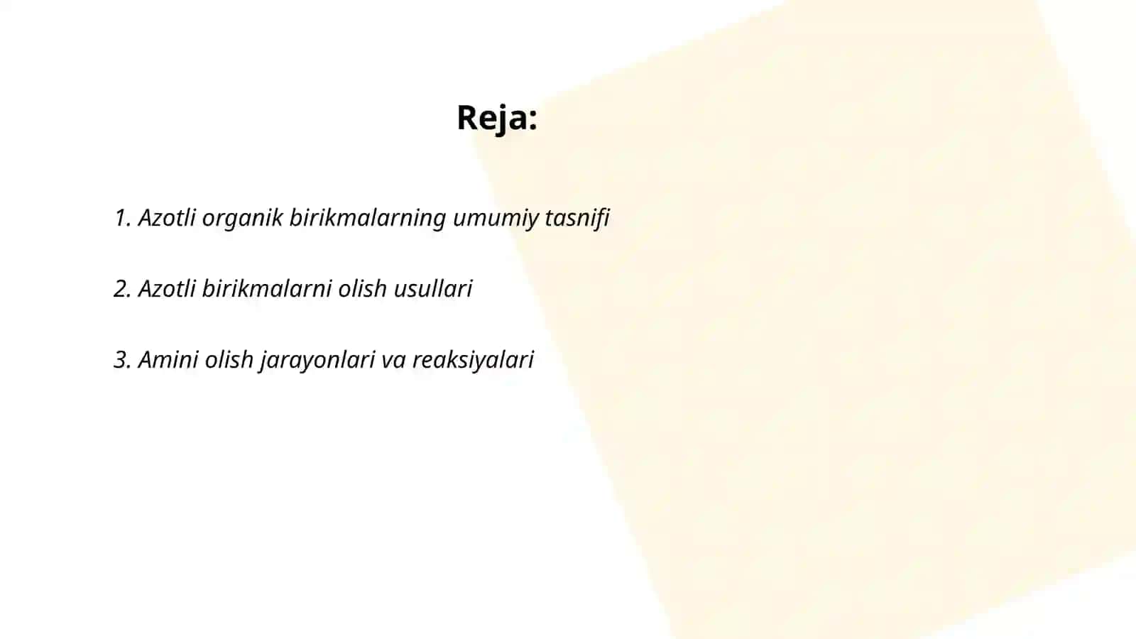 Azotli organik birikmalarni olinishi va xossalariga doir ginetik o‘zgarishlarni amalga oshirish hamda mavzuga doir misol, masala, test savollarini yechish algoritmi 2
