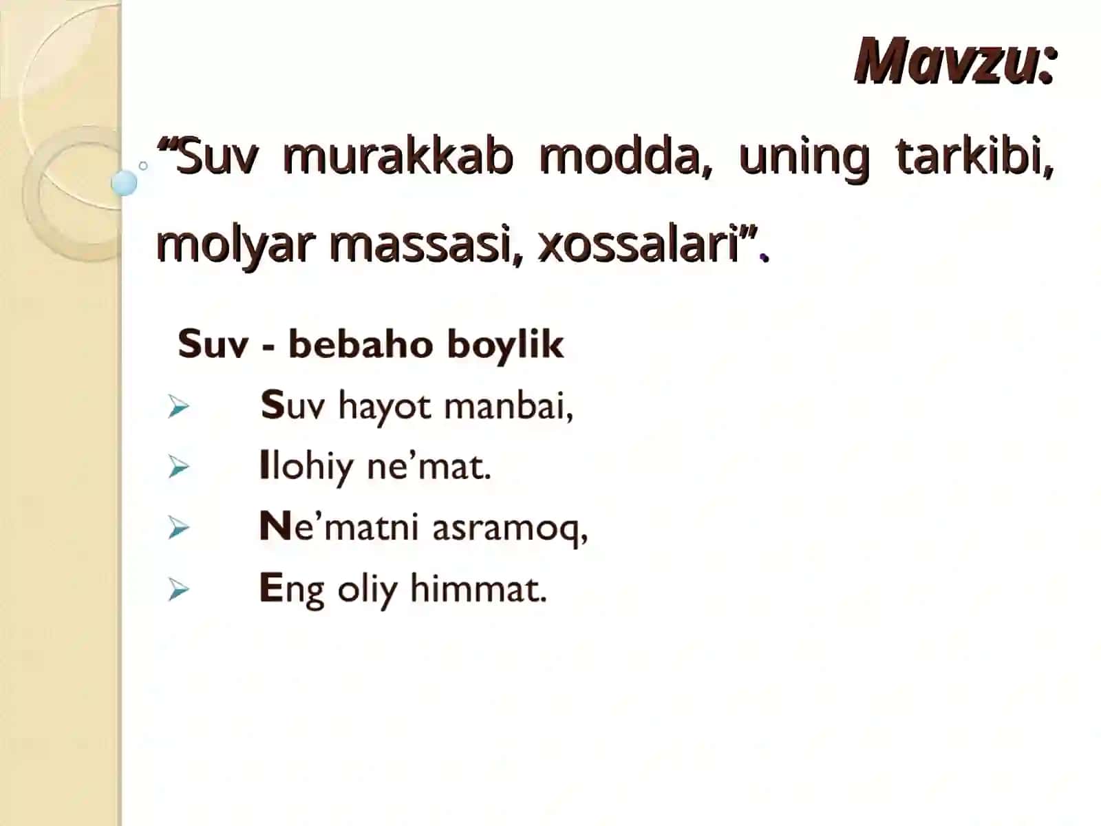 Suv murakkab modda, uning tarkibi, molyar massasi, xossalari 2