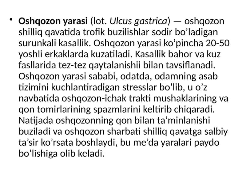 GASTRIT, OSHQOZON VA 12 BARMOQLI ICHAK YARASI, KOLIT KASALLIKALRINI KELIB CHIQISHIDA MIKROORGANIZMLAR AHAMIYATI,PATOGENEZI, LABORATORIYA TASHXISI 2