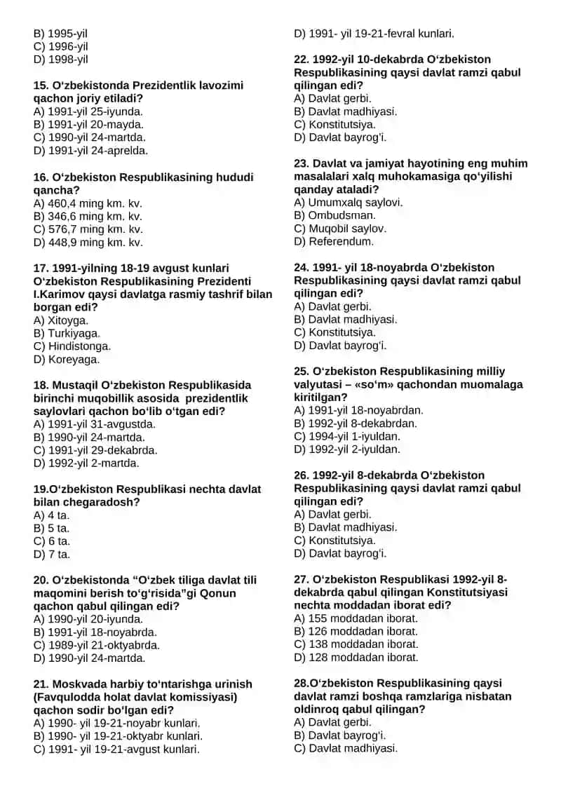 O‘ZBEKISTONNING ENG YANGI TARIXI FANIDAN YAKUNIY NAZORAT TEST SAVOLLARI (200 TA) 2