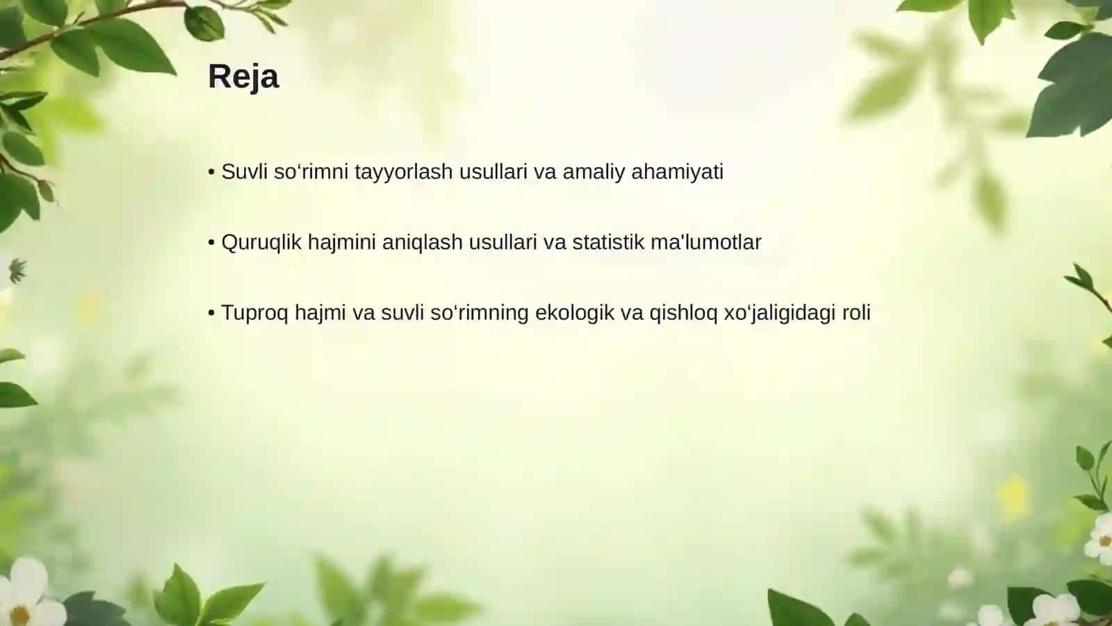 Tuproqning suvli so‘rimini tayyorlash va umumiy quruqlik hajmini aniqlash 2