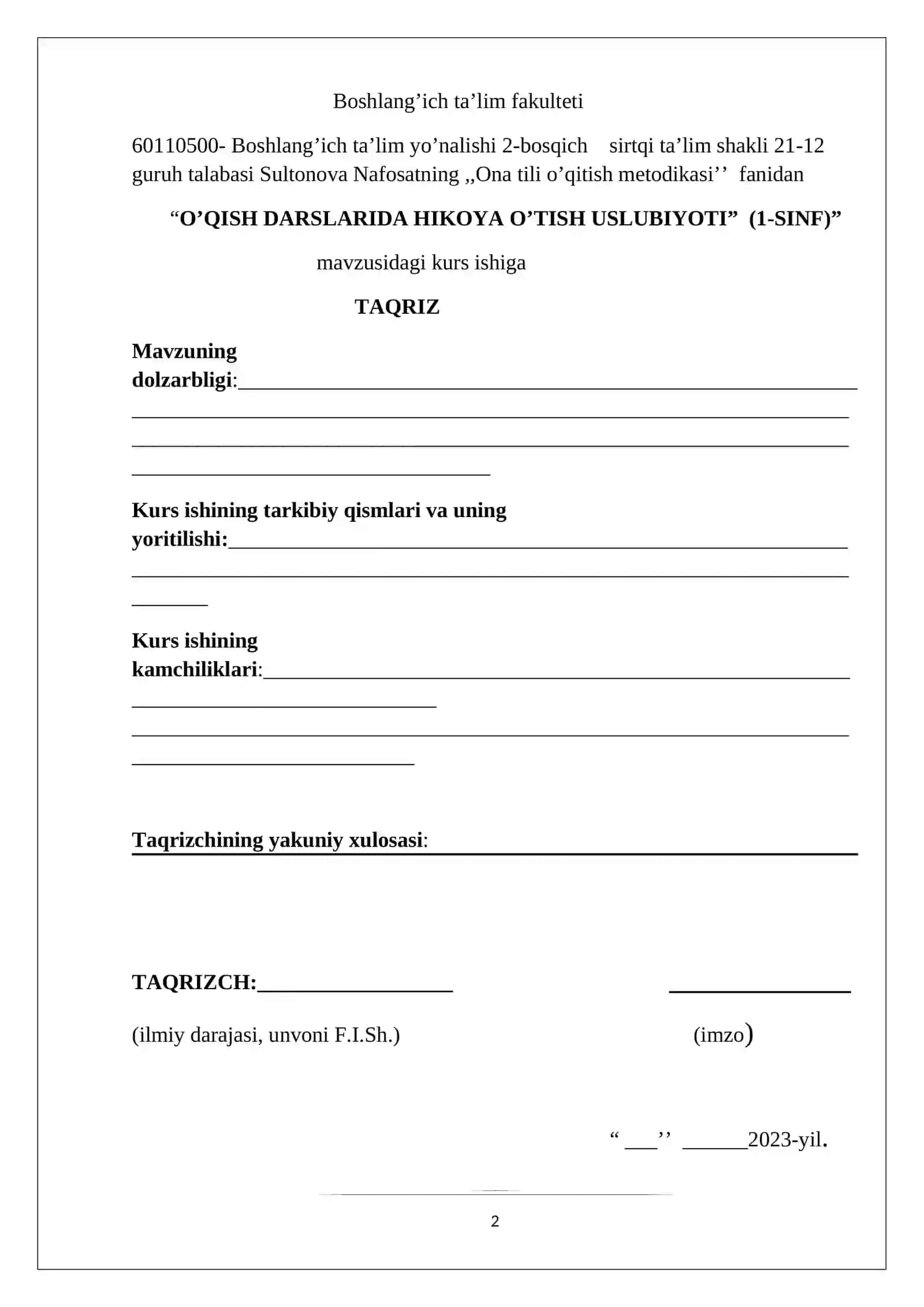 O’QISH DARSLARIDA HIKOYA O’TISH USLUBIYOTI (1-SINF) 2