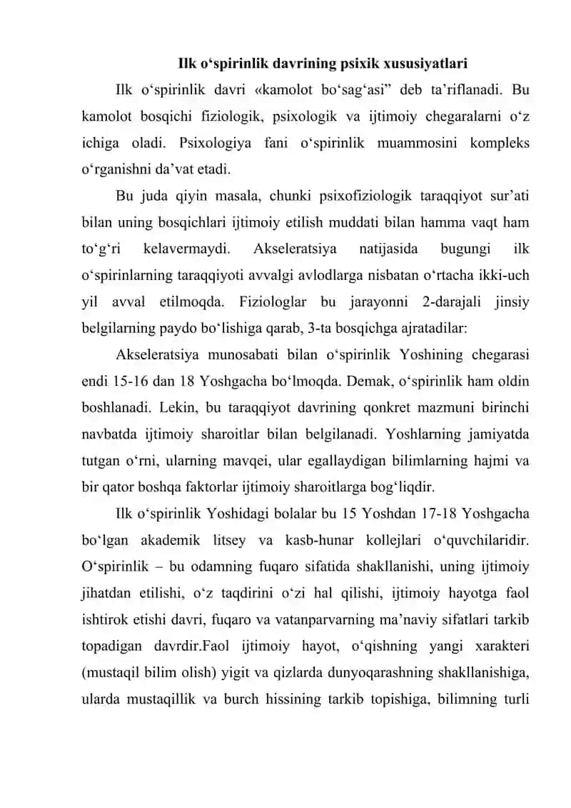 Ilk o'spirinlik yoshi davrida psixik rivojlanish xususiyatlari. 2