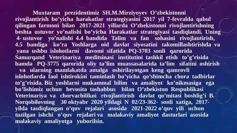 Turayev Elboyning malakaviy amaliyot taqdimoti 2