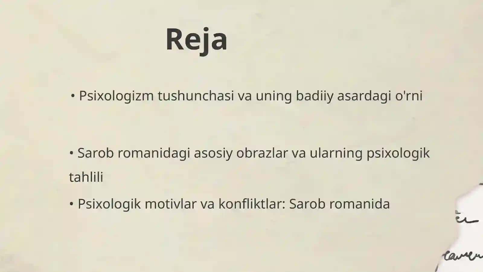 Badiiy asarda psixologizm muammosi. Sarob romani misolida 2