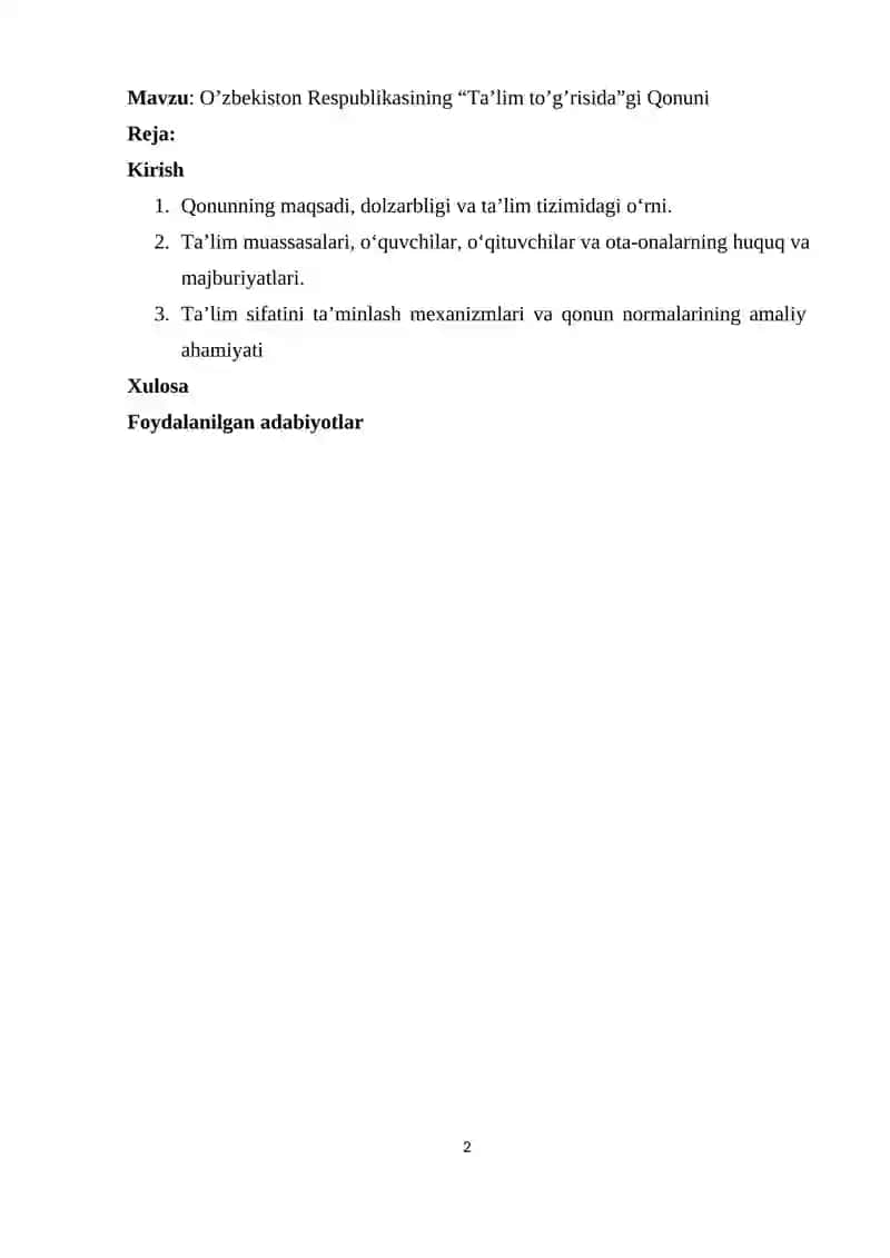 O‘zbekiston Respublikasining “Ta’lim to’g’risida”gi Qonuni 2