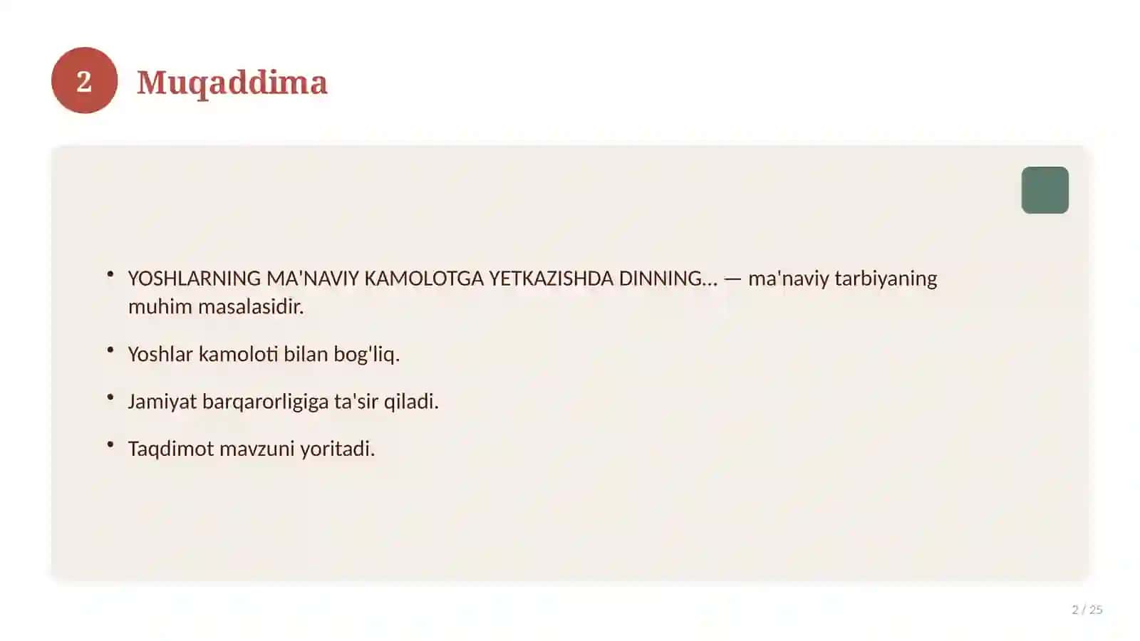 TAQDIMOT YOSHLARNING MA'NAVIY KAMOLOTGA YETKAZISHDA DINNING O‘RNI 2