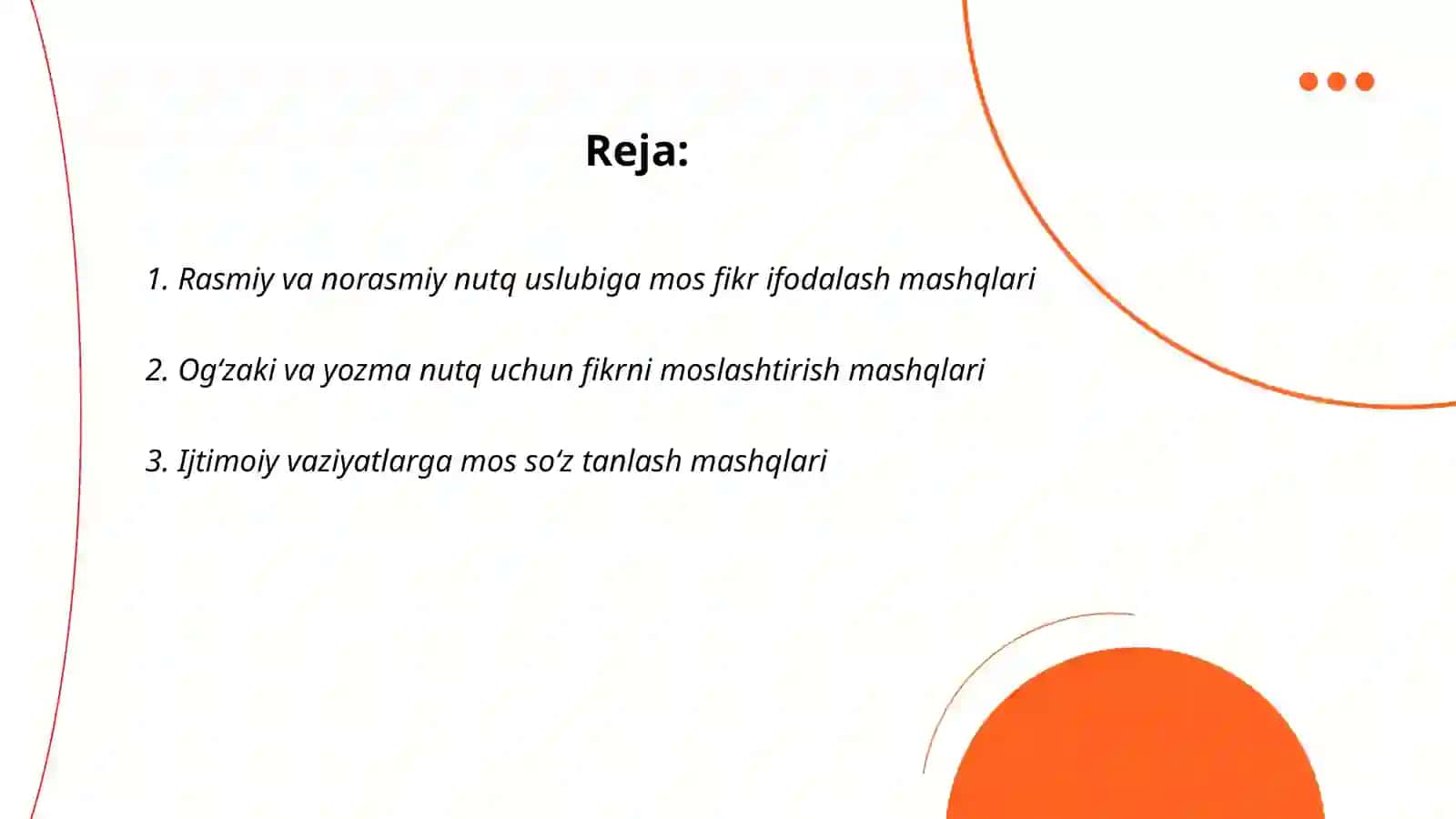 Fikrni turli nutqiy sharoit va vaziyatga mos ifodalash mashqlarini ishlab chiqish 2