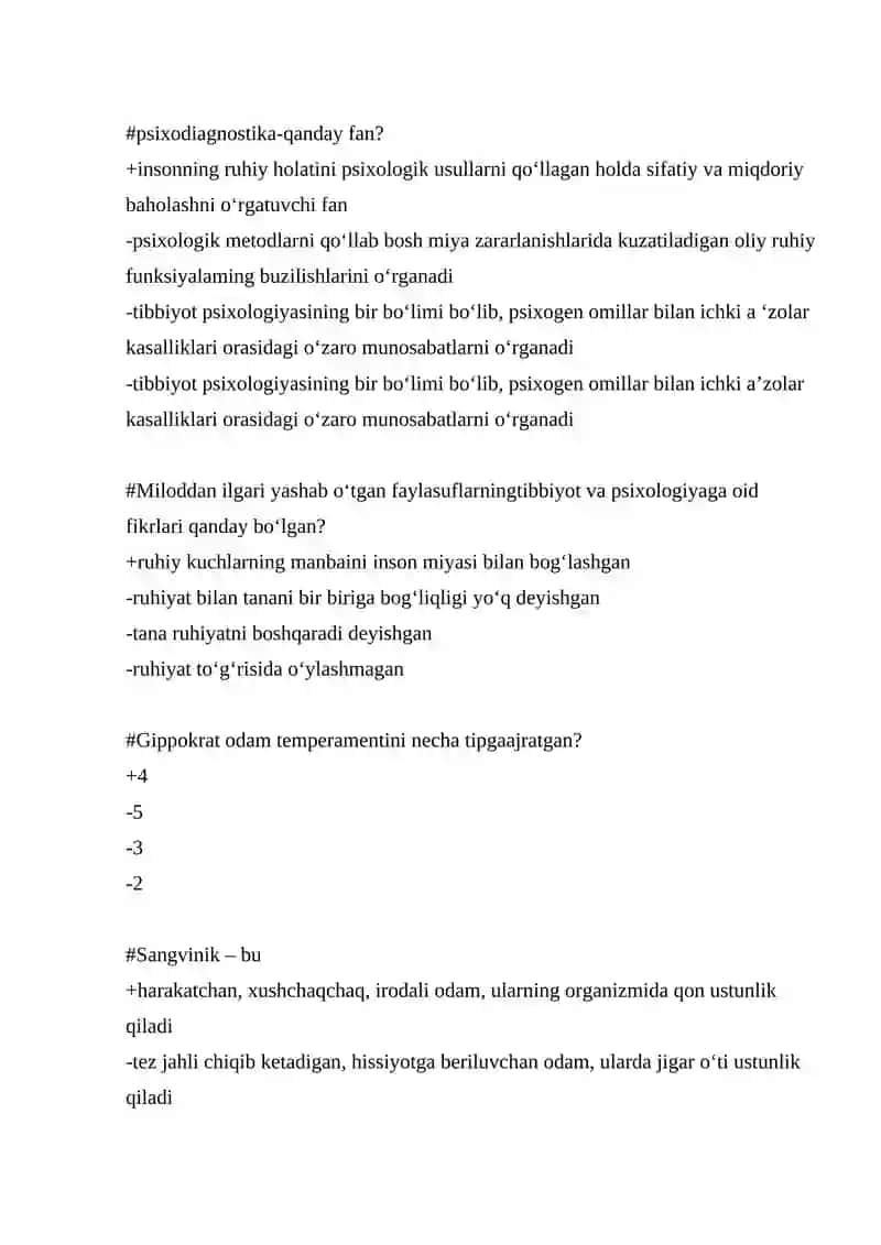 Tibbiyot psixologiyasi fanidan 500 talik test, javoblari bilan 2