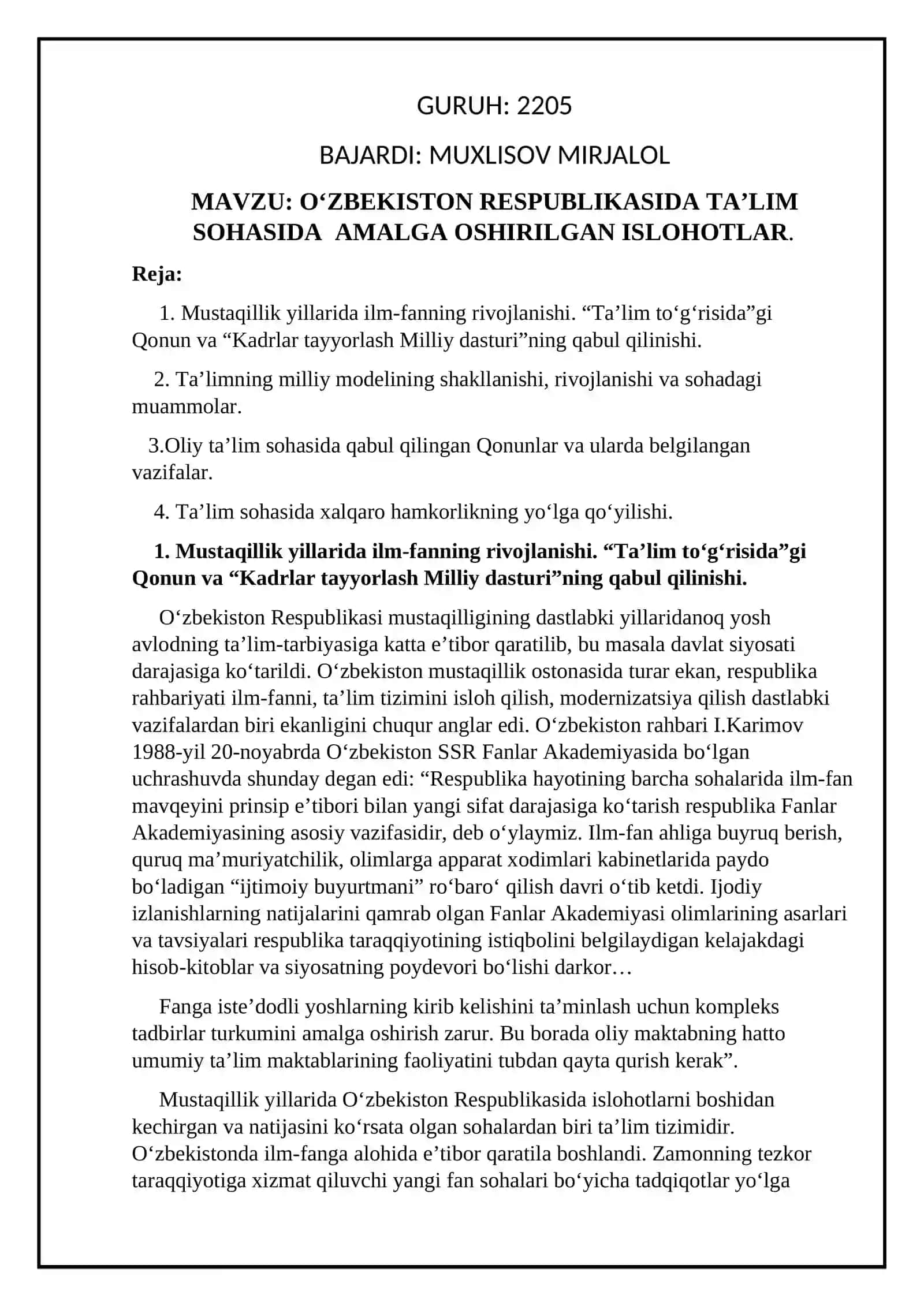 O‘zbekiston Respublikasida Taʼlim Sphasida Amalga Oshirilgan Ishlotlar 2