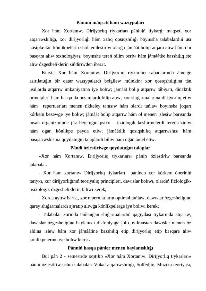 Xor hám xortanıw. Dirijyorlıq tiykarları pánine kirisiw. Xor kórkem óneriniń rawajlanıwı 2