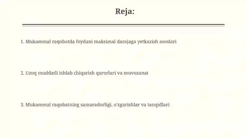 Mukammal raqobatli bozorda foydani maksimallashtirish va uzoq muddatli ishlab chiqarish qarorlari 2
