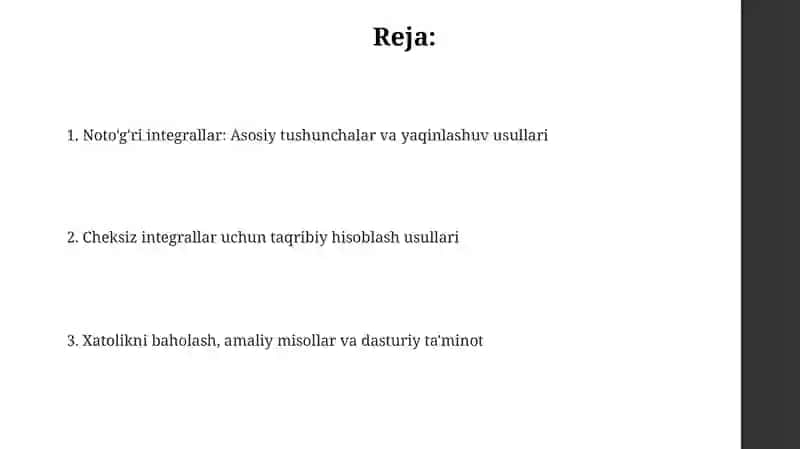 Chegaralari cheksiz hosmas integralni taqribiy hisoblash 2