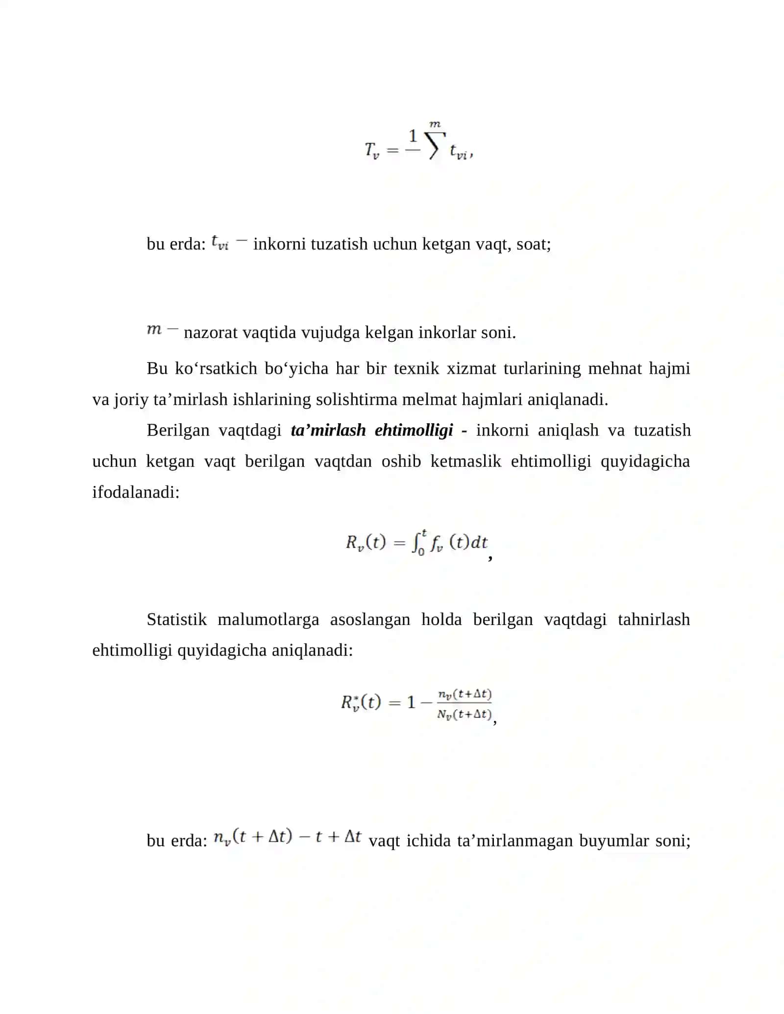 Ta’mirga yaroqlilik ko’rsatkichlari. 2