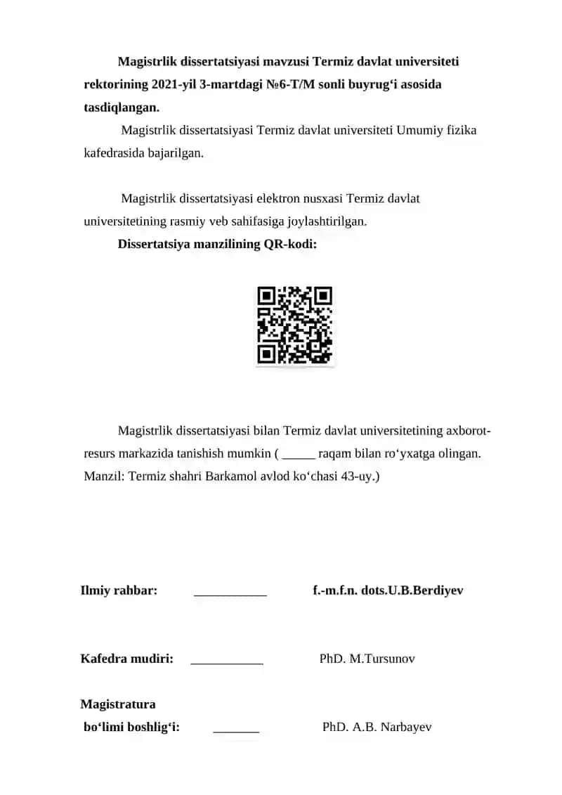 Mutaxassislik: 70530901 – Fizika (yo‘nalishlar bo‘yicha) 2