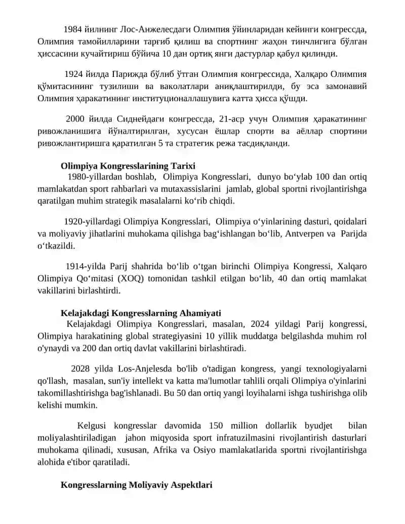 Olimpiya kongresslari va ularning ahamiyati 2