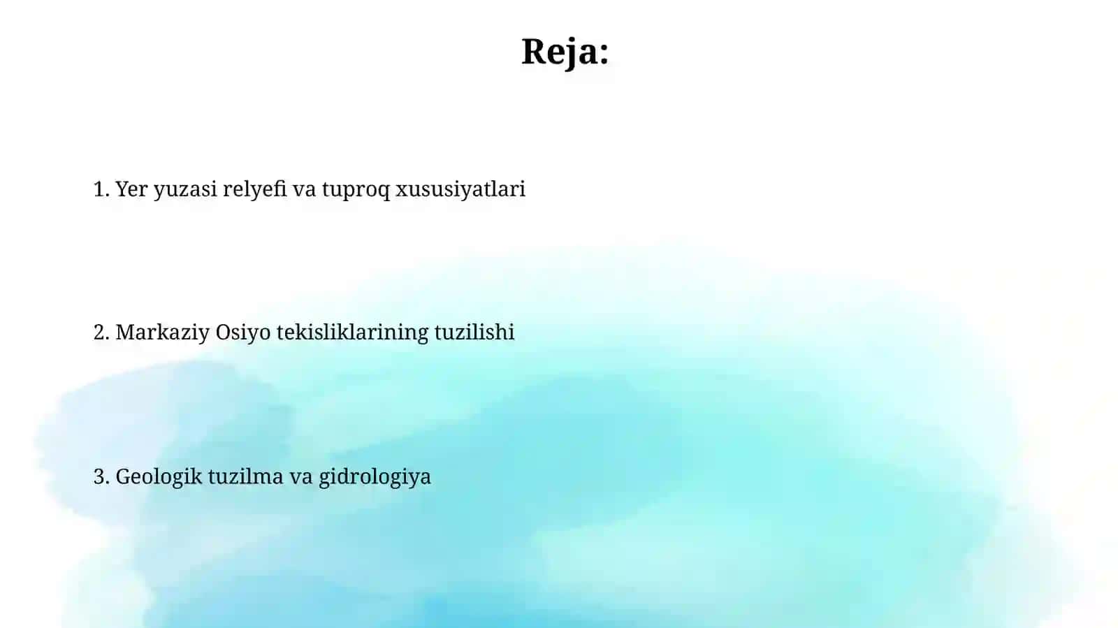 Oʻrta Osiyo hududi yer yuzasining tuzilishi: tekislik qismi 2