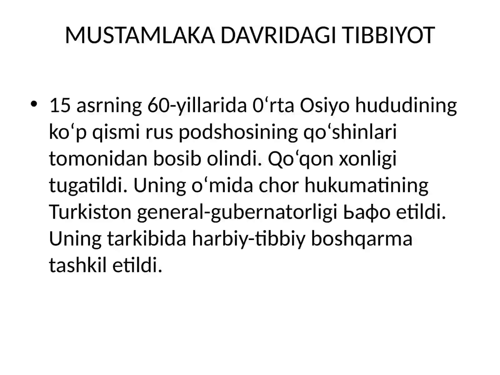 MUSTAMLAKA DAVRIDAGI TIBBIYOT 2