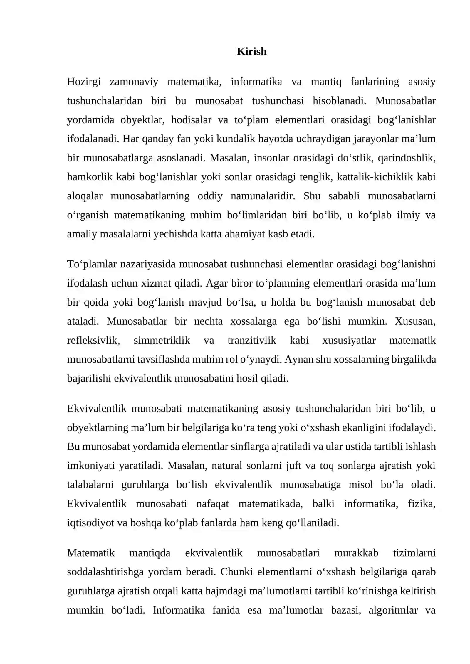 Ekvivalentlik munosabati. Turli tipdagi to‘plamlarda munosabatlar (do’stlik munosabati, qarindoshlik munosabati). 2