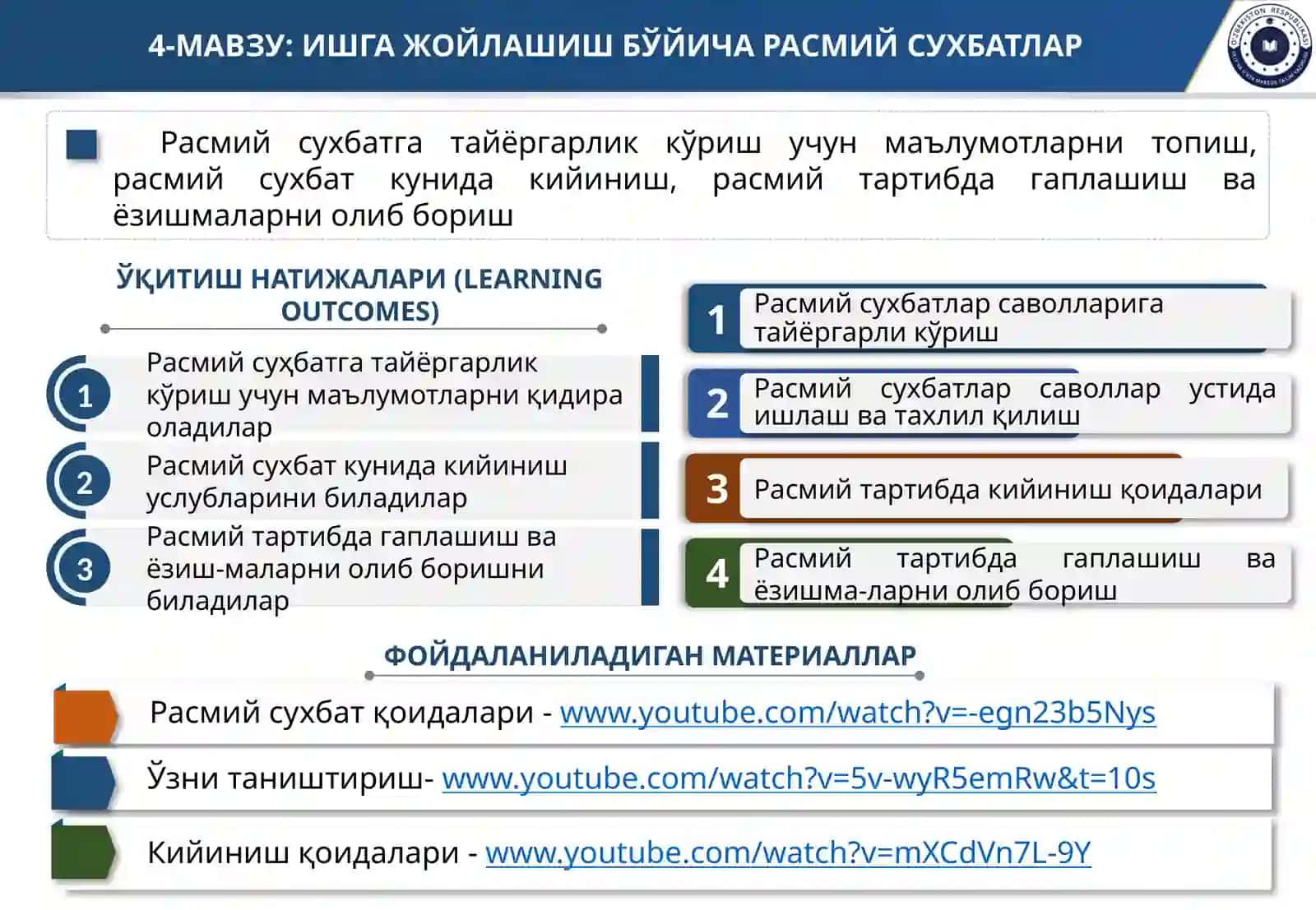 4-МАВЗУ: ИШГА ЖОЙЛАШИШ БЎЙИЧА РАСМИЙ СУХБАТЛАР 2
