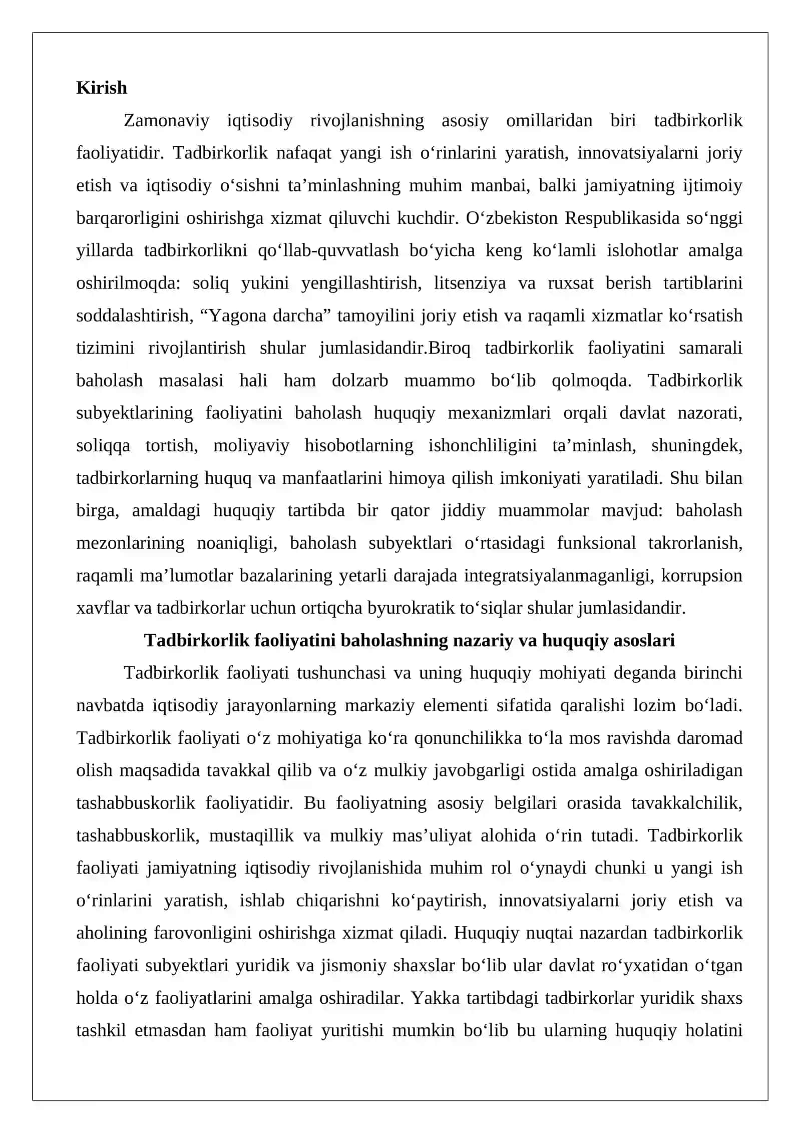 Tadbirkorlik faoliyatini baholashning huquqiy tartibi Muammolar va yechimlar 2