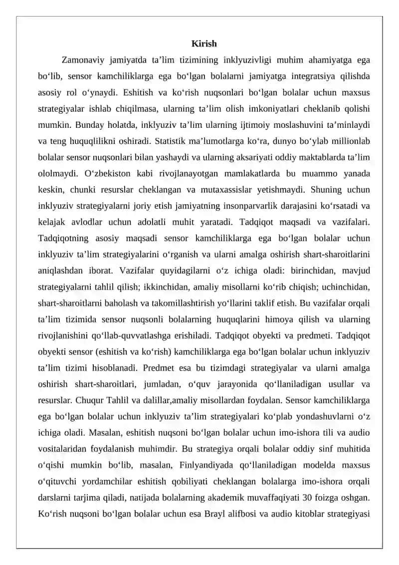 Sensor (eshitishida yoki ko‘rishida) kamchiliklarga ega bo‘lgan bolalar uchun inklyuziv ta’lim strategiyalari va ularni amalga oshirish shart-sharoitlari 2