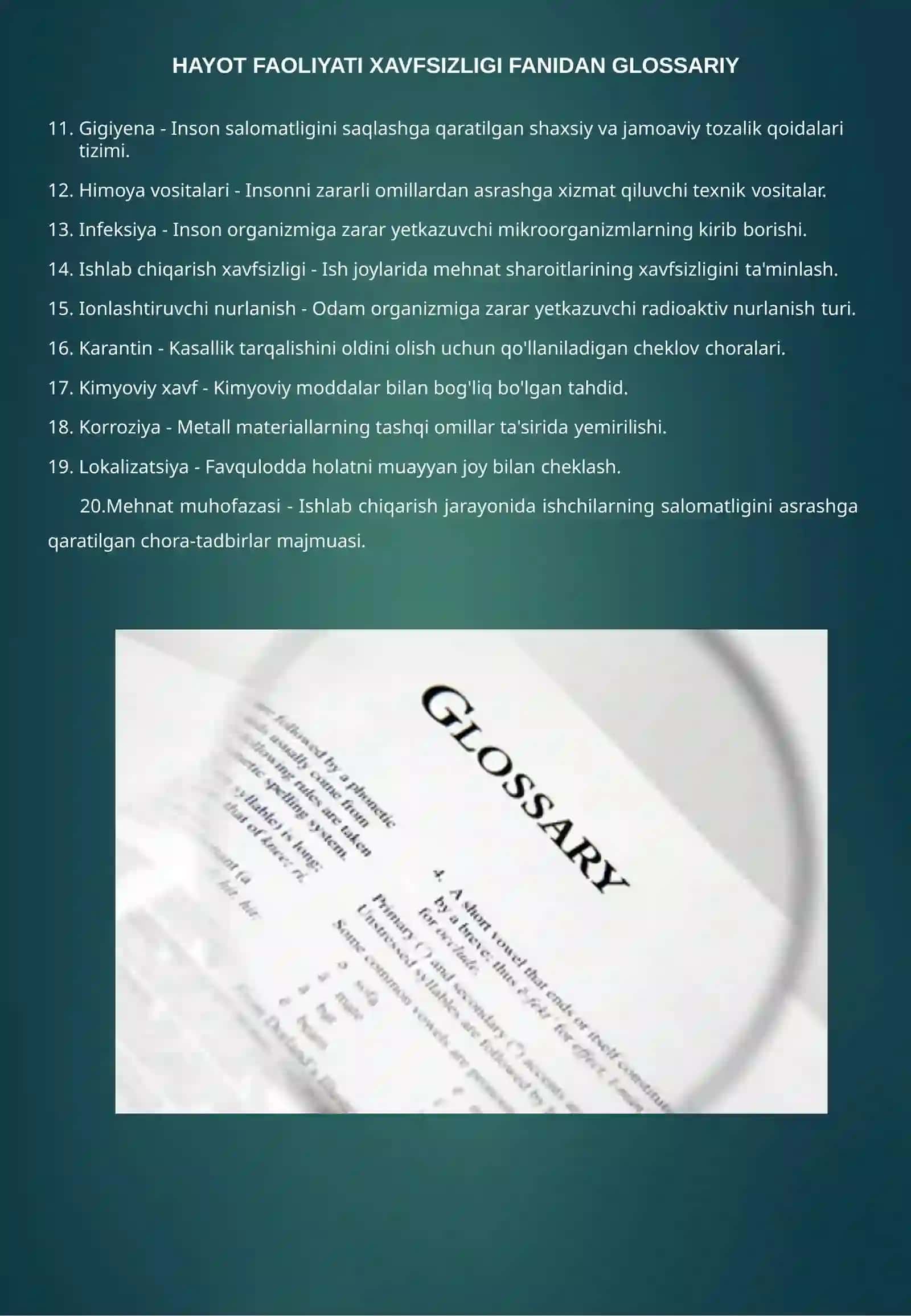 HAYOT FAOLIYATI XAVFSIZLIGI FANIDAN GLOSSARIY 2