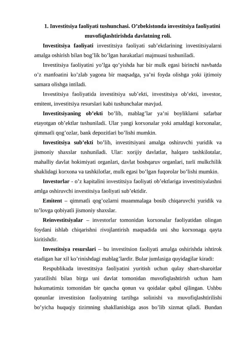Investitsiya faoliyati tushunchasi 2