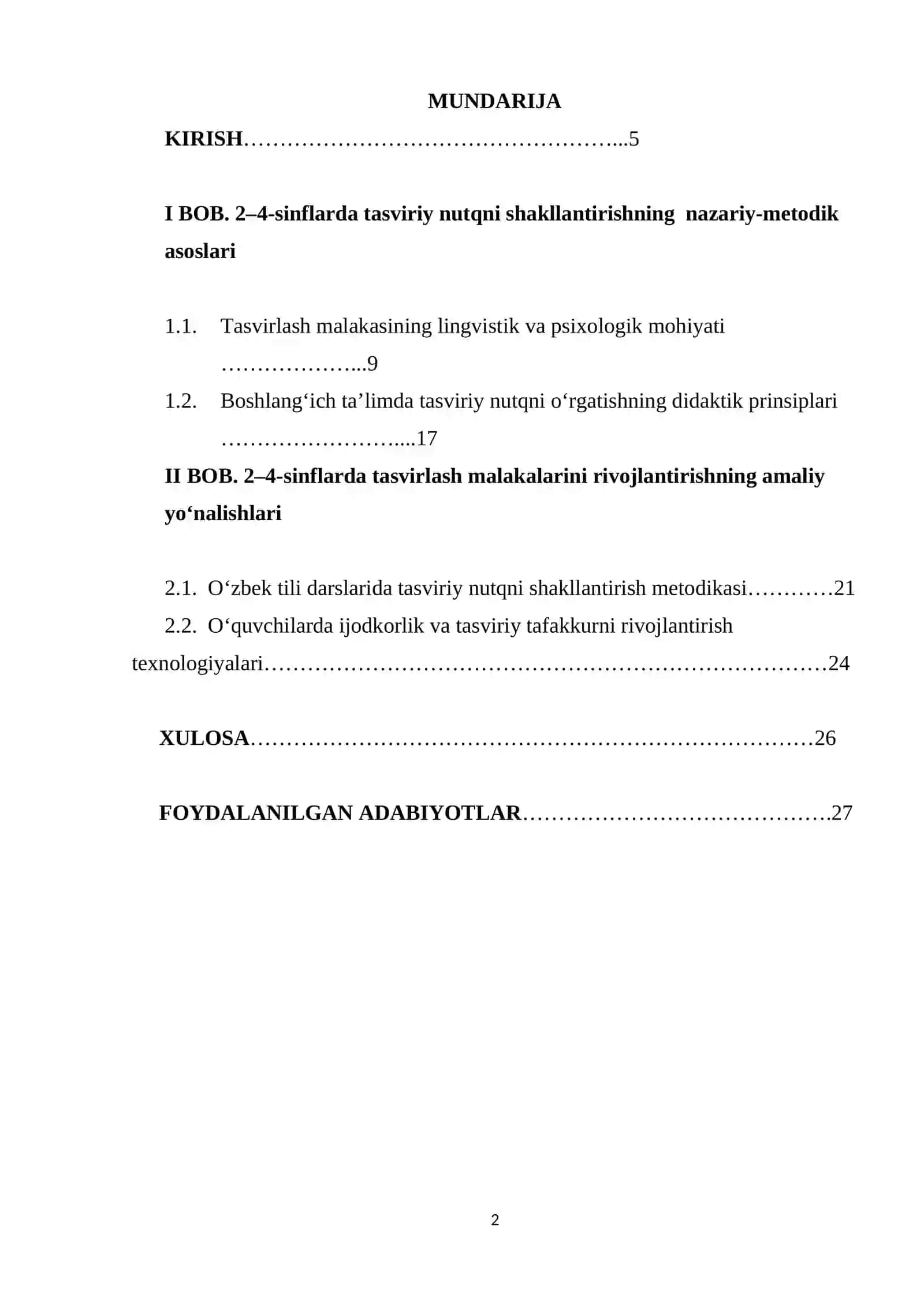Umumta’lim maktabining 2-4-sinf o‘quvchilarida o‘zbek tilida tasvirlash malakalarini shakllantirish 2