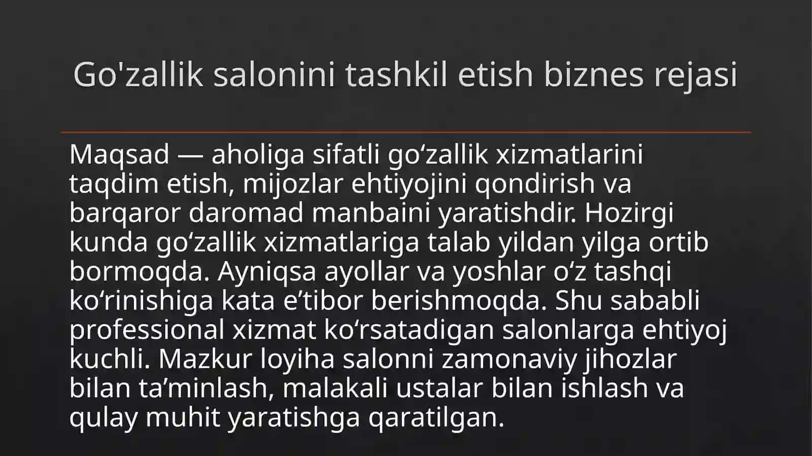 Go'zallik salonini tashkil etish biznes rejasi 2