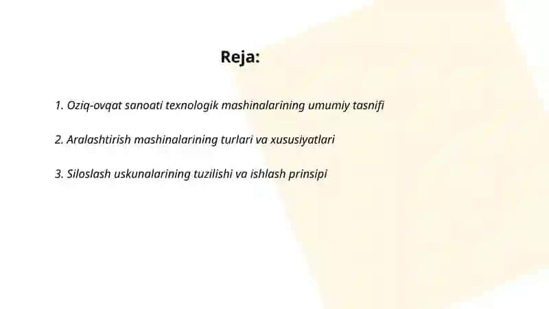 Oziq-ovqat sanoati texnologik mashinalarining umumiy tasnifi 2