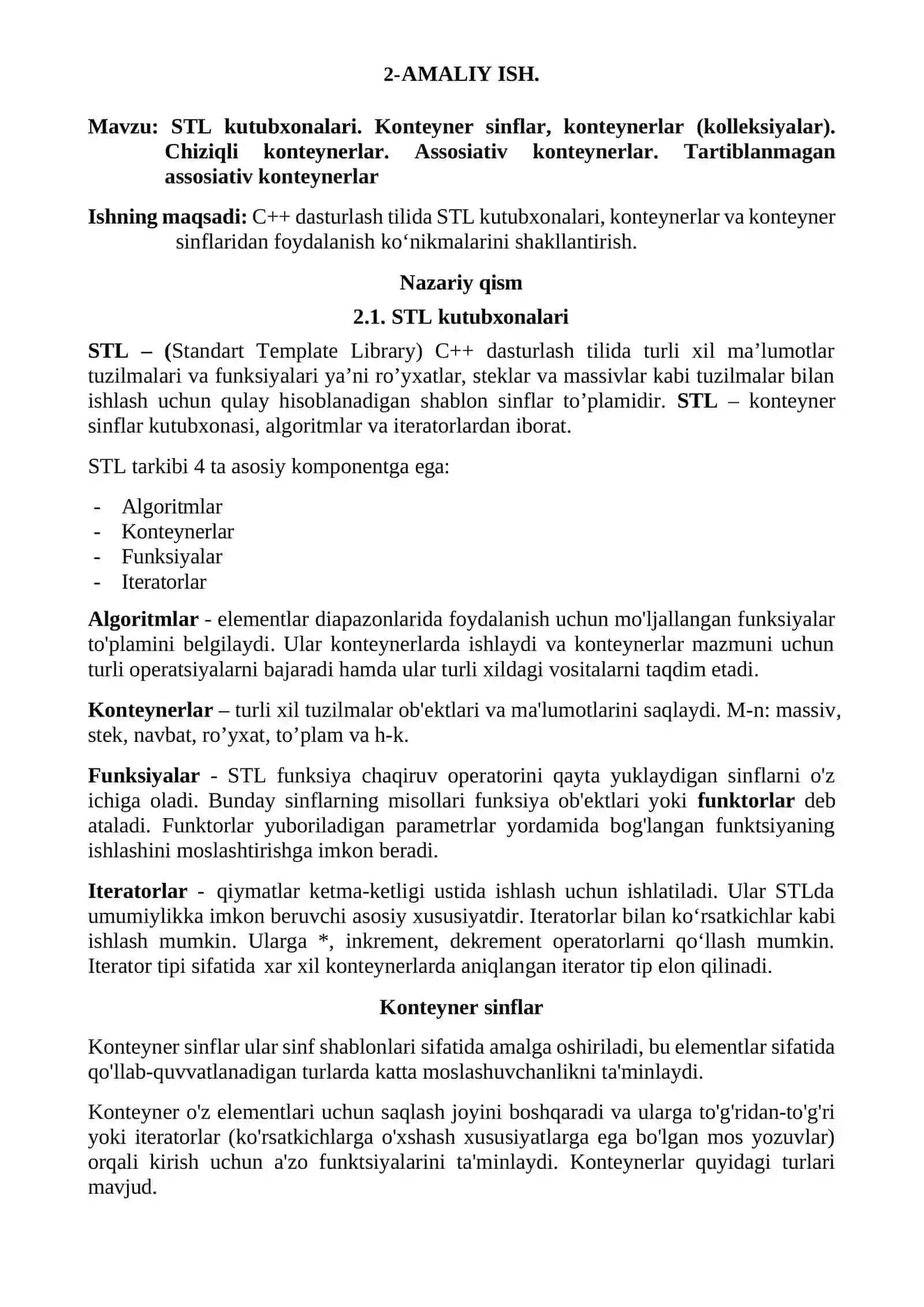 STL kutubxonalari. Kontеynеr sinflar, kontеynеrlar (kollеksiyalar). Chiziqli konteynerlar. Assosiativ kontеynеrlar. Tartiblanmagan assosiativ kontеynеrlar 2