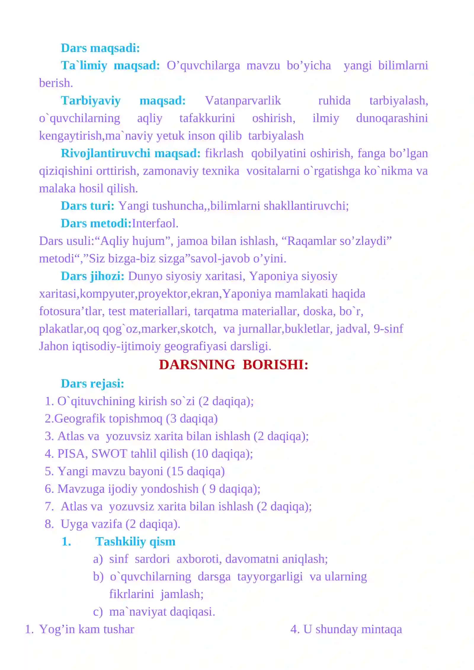 9-sinf Geografiya fanidan Yaponiya mavzusida bir soatlik dars ishlanmasi 2
