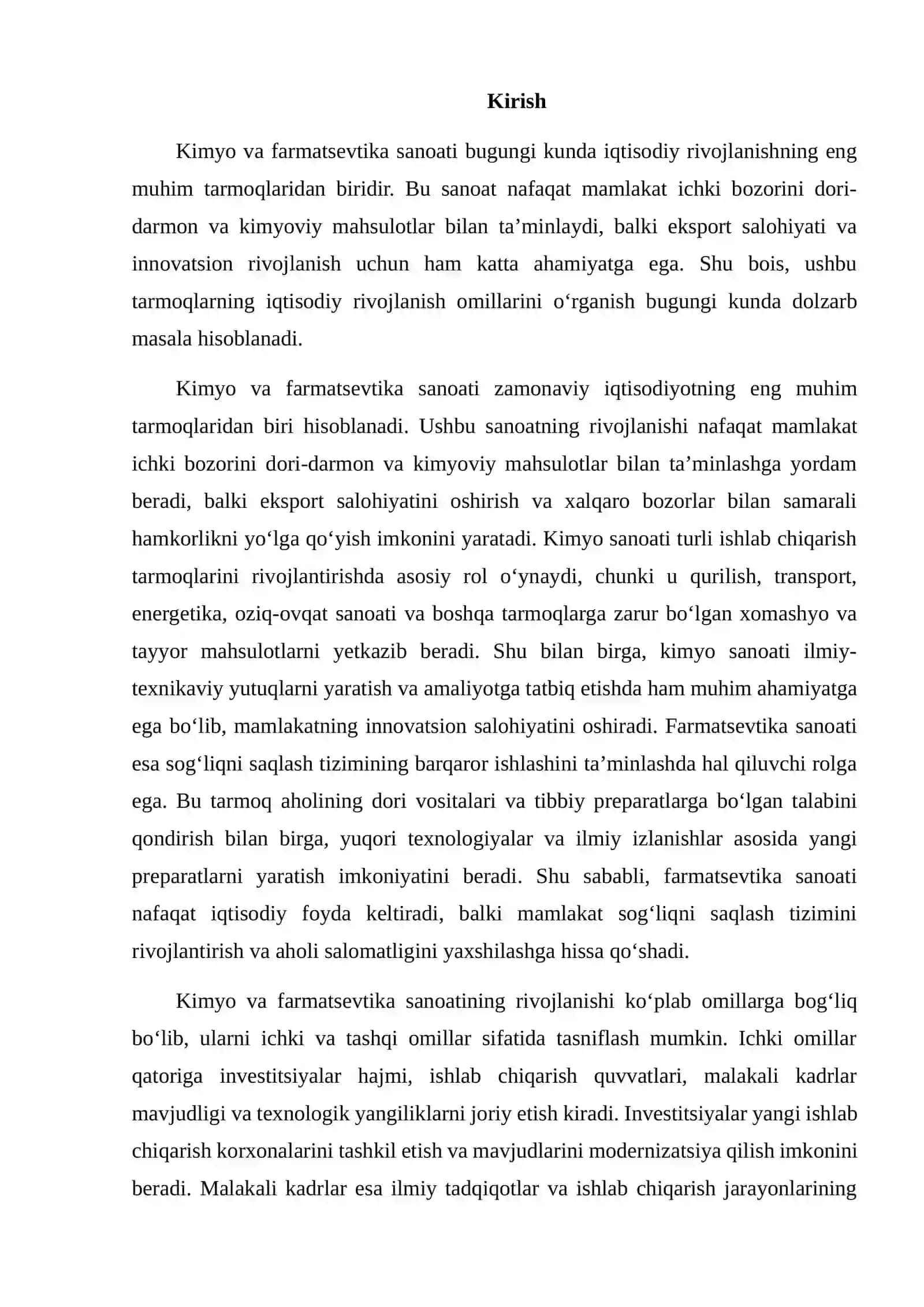 Kimyo va farmatsevtika sanoatining iqtisodiy rivojlanish omillari 2