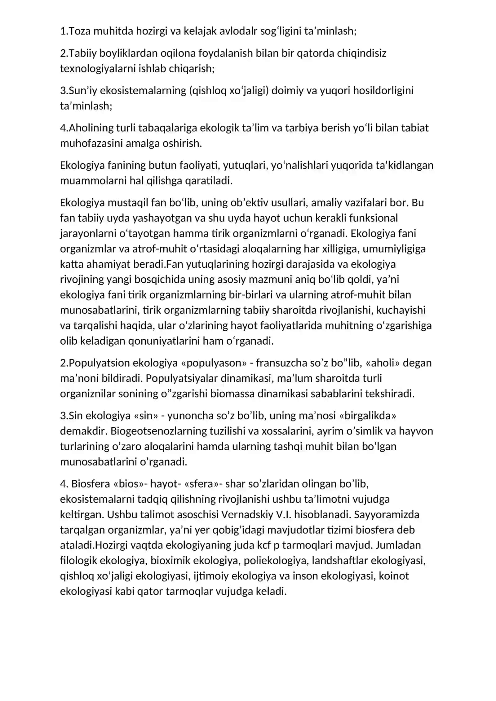 EKOLOGIYA VA ATROF MUHIT MUHOFAZASI FANINING MAQSAD-VAZIFALARI VA TADQIQOT METODLARI, BО‘LIMLARI 2