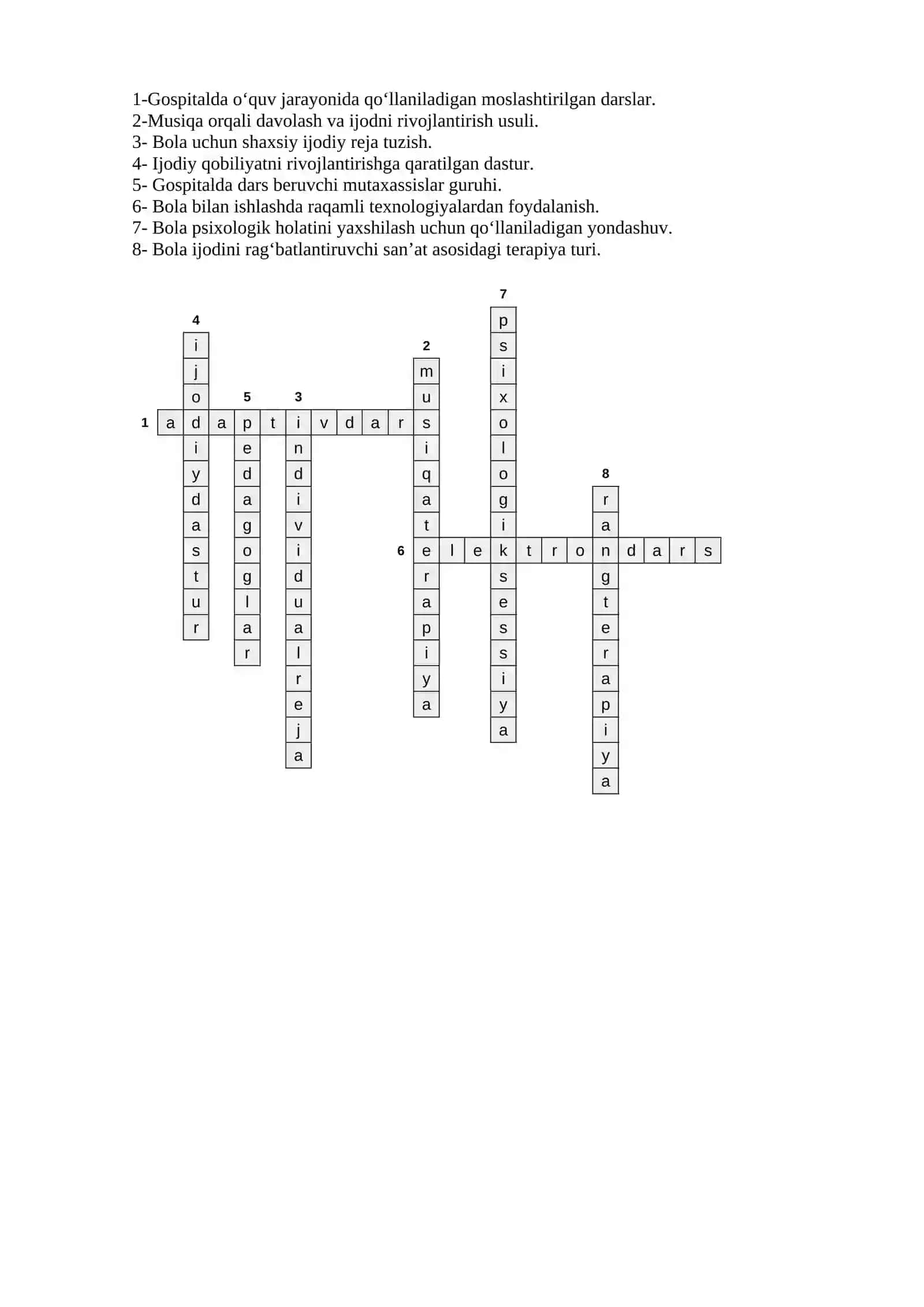 Gospital taʼlimda dars tashkil etish orqali beʼmor oʻquvchilarga ijodiy faoliyatini shakllantirish yoʻllari 2