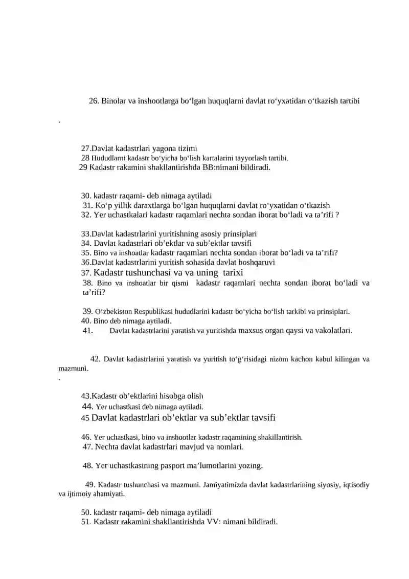 Davlat kadastri asoslari Yakuniy nazorat savollari 2