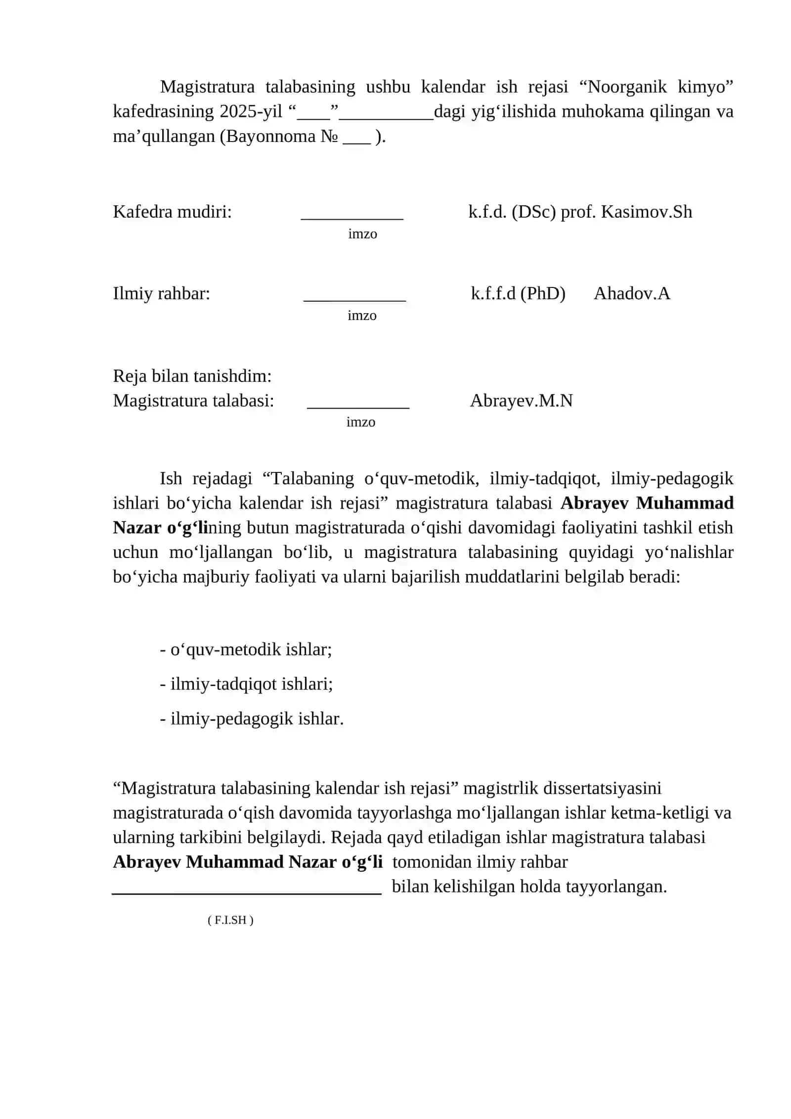 Kimyo mutaxassisligi magistranti 2