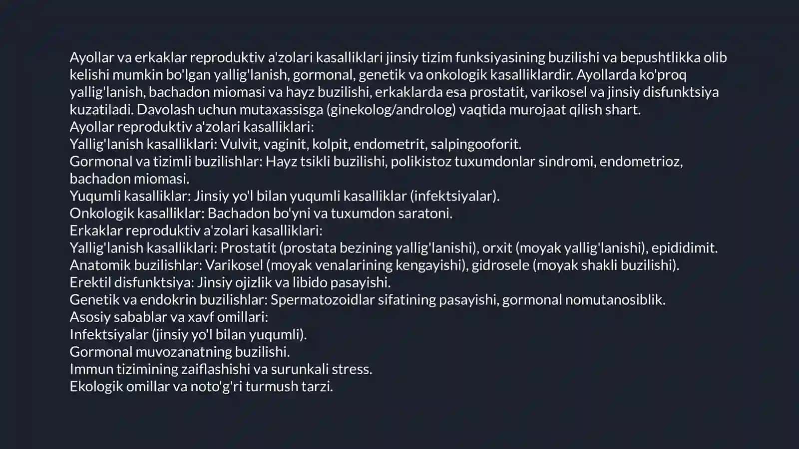 Ayollar va erkaklar reproduktiv azolari kasalliklari 2