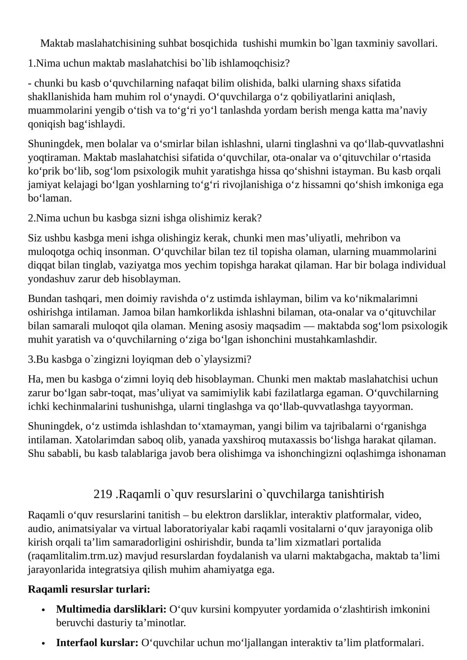 Maktab maslahatchisining suhbat savollari 200 BETLIK 2