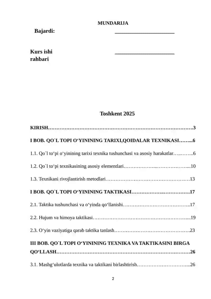 Qo`l to`pi o`yinining tarixi, qoidalari, texnikasi va taktikasining tasnifi 2