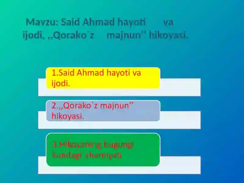 Said Ahmad hayoti va ijodi,,,Qorako`z majnun’’ hikoyasi 2