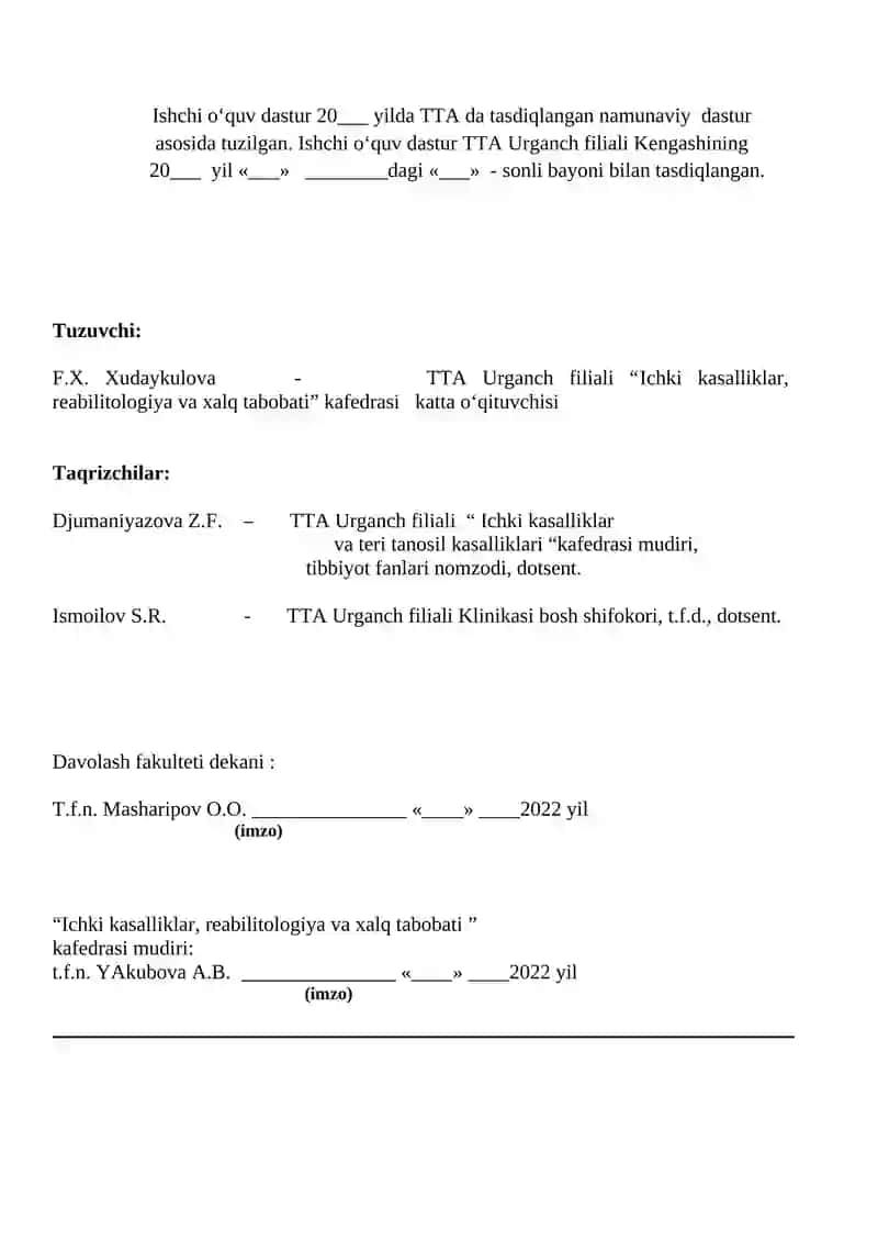 Davolash fakulteti v kurs talabalari uchun ishchi o‘quv dasturi 2