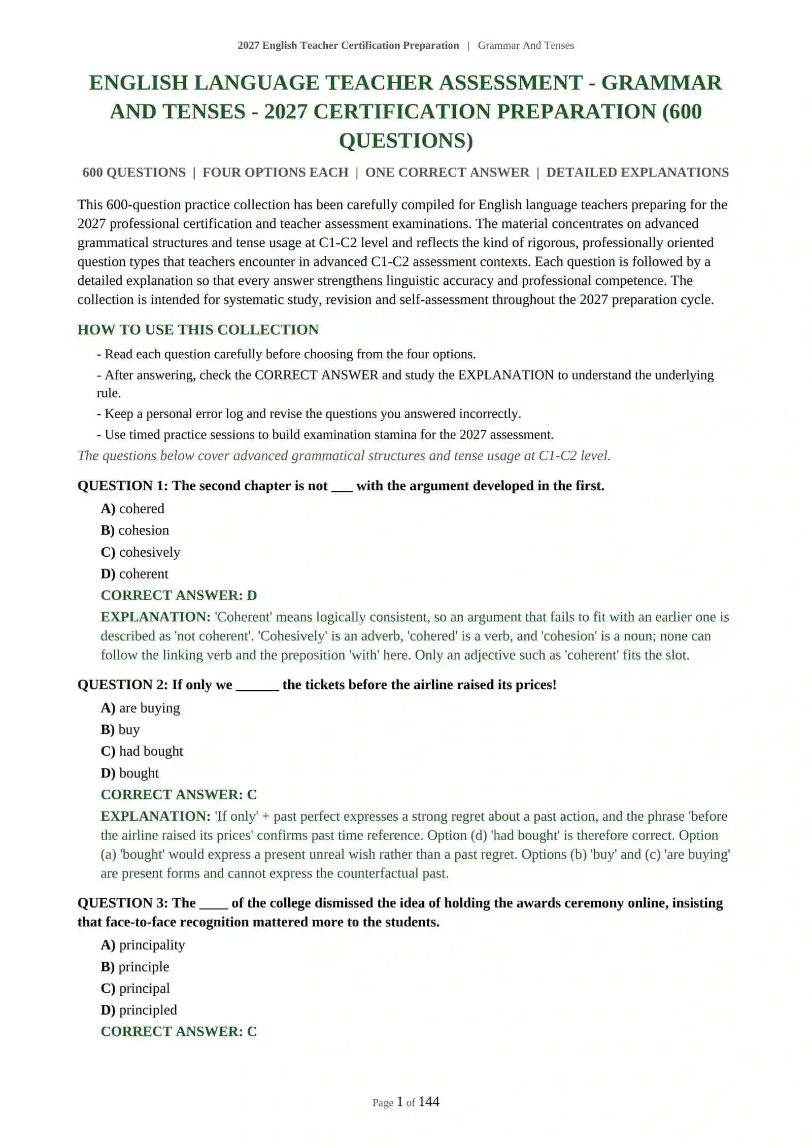 ENGLISH LANGUAGE TEACHER ASSESSMENT - GRAMMAR AND TENSES - 2027 CERTIFICATION PREPARATION 2