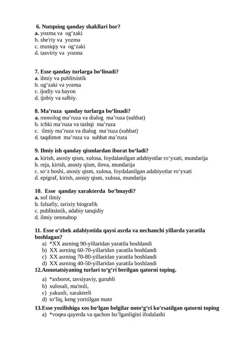 Akademik yozuv fanidan "ESSE. ESSE TURLARI" mavzusida test savollari (javoblari bilan) 2
