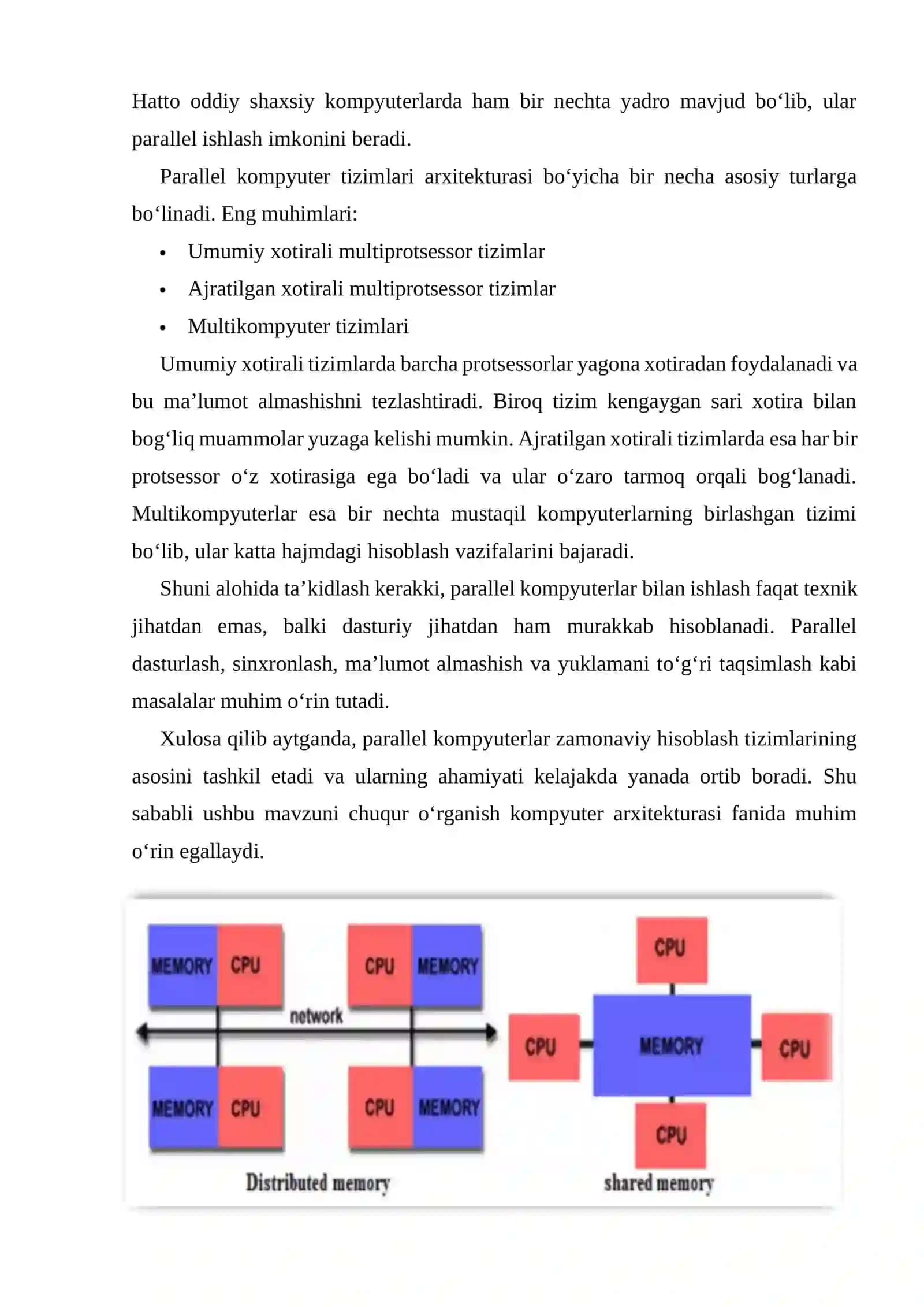 Parallel kompyuterlar: umumiy va ajratilgan xotirali multiprotsessorlar va multikompyuterlar 2